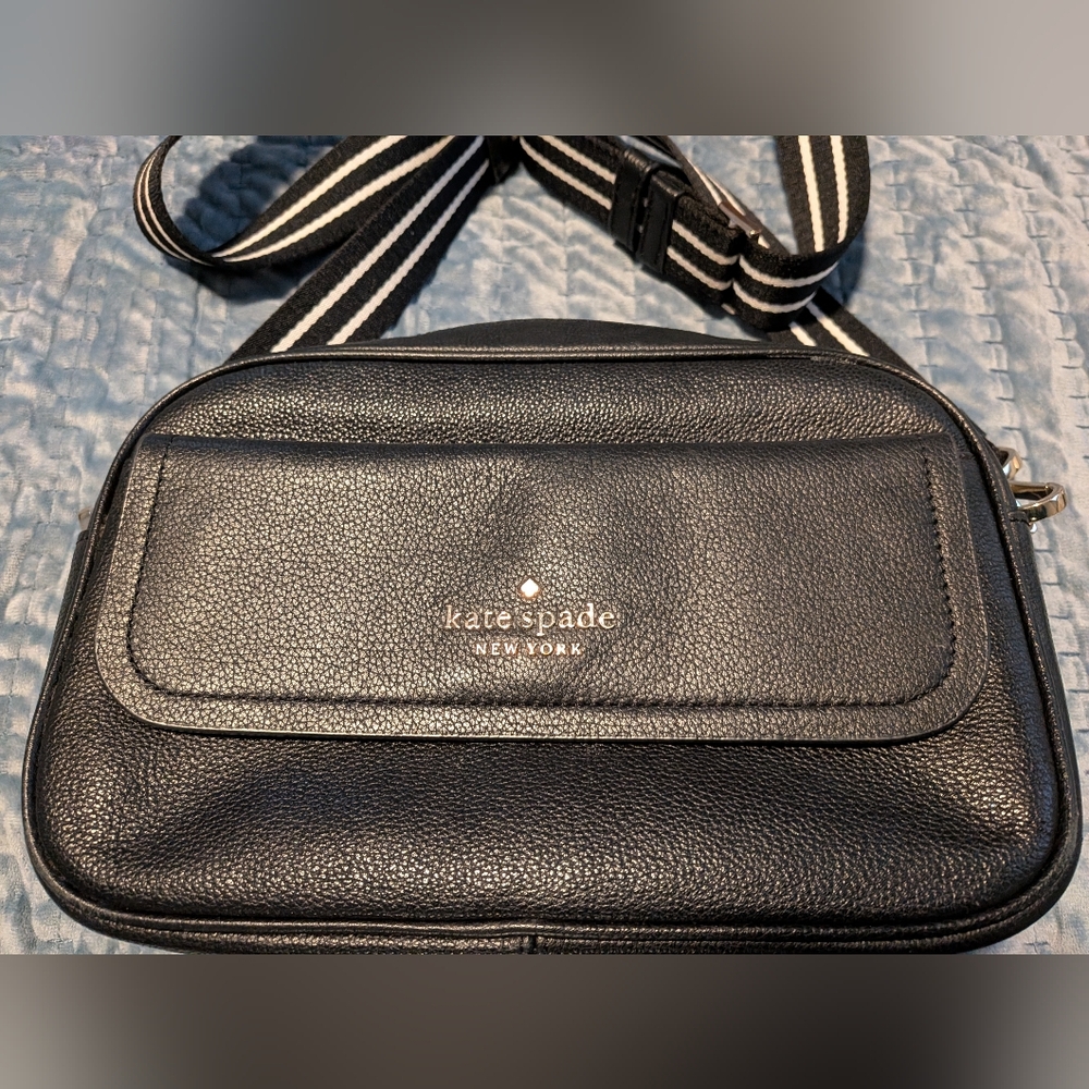 Kate Spade Black Leather Crossbody with Striped Strap - Picture 2 of 6
